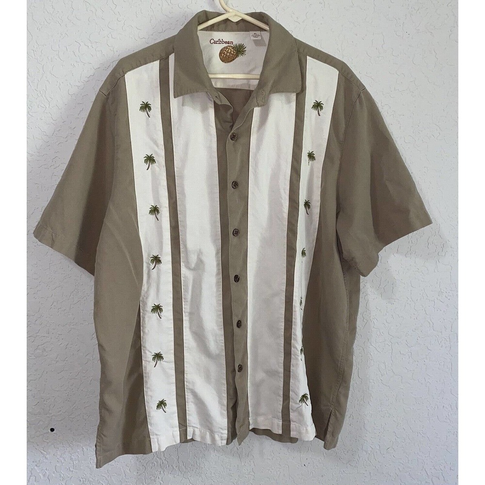 Caribbean Linen Blend Palm Tree Brown/Beige Mens XL Short Sleeve Shirt Hawaiian